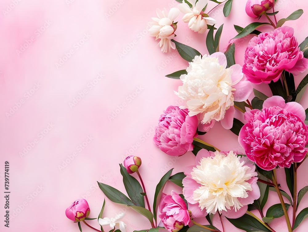 Fototapeta premium Vibrant Springtime Peony Display on a Pastel Pink Background for a Floral Banner