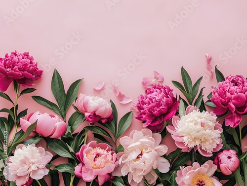 Vibrant Springtime Peony Display on a Pastel Pink Background for a Floral Banner