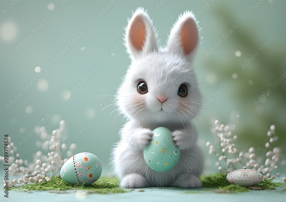 Fototapeta premium White Bunny Holding Easter Egg
