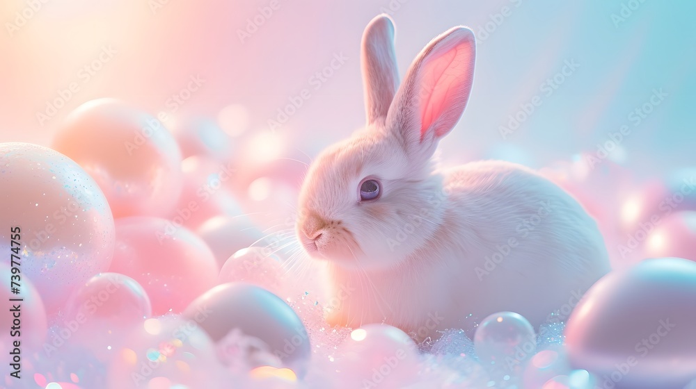 White Rabbit Sitting in Pile of Eggs White Rabbit Sitting in Pile of Eggs