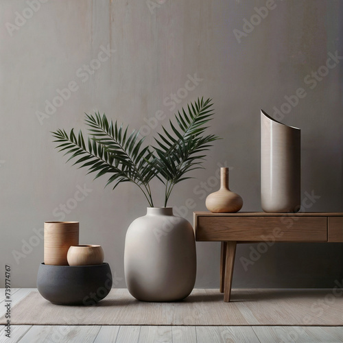 A wooden table with vases on it and a plant in one of the vases. ai generative