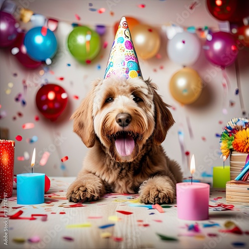 calico poodle dog wearing a party hat celebrating at a birthday party, surrounding by falling confetti