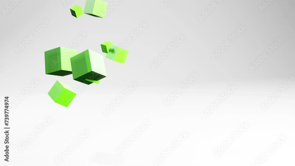 Abstract animation motion graphics with cubes in white light studio, video geometric 3d background with copyspace