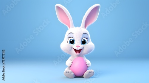 Cheerfully White Bunny Holding Pink Egg in Its Paws © provectors