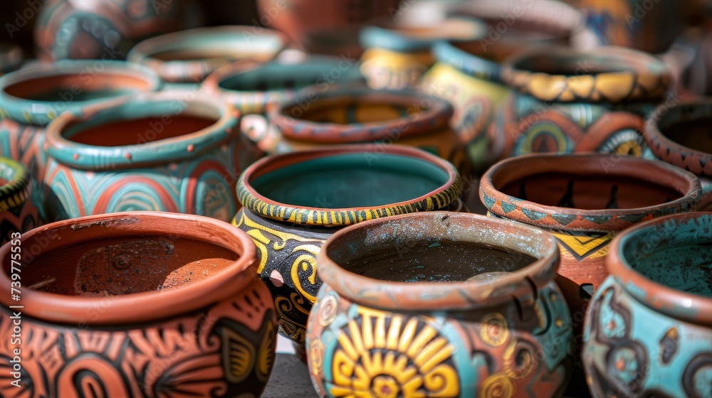 Close-up of intricately patterned traditional Mexican pottery, showcasing cultural art and craftsmanship.