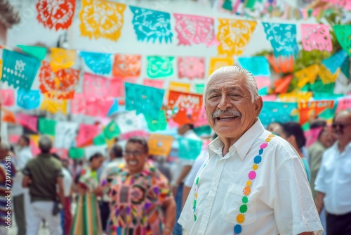 A joyful senior Mexican man wearing traditional clothing with a background of colorful papel picado.