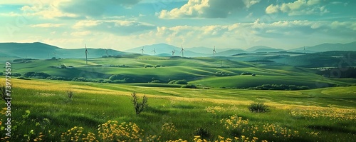 Green meadows landscape with wind generators in the distance Generative Ai