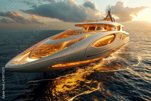 A futuristic luxury mega yacht with golden glass in the ocean photo
