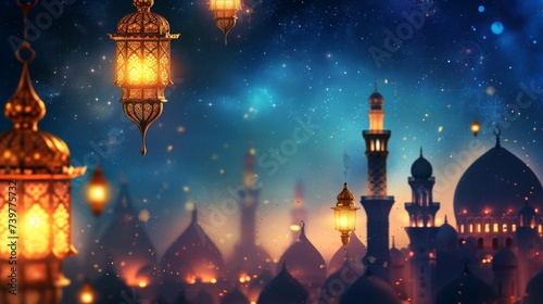 An islamic lantern with a blurred mosque in the background for al fitr and adha eid