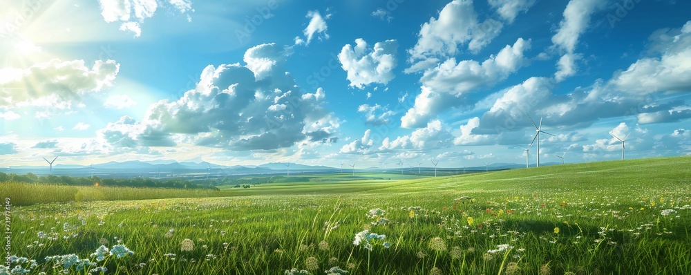 Green meadows landscape with wind generators in the distance Generative Ai Green meadows landscape with wind generators in the distance Generative Ai