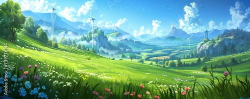 Green meadows landscape with wind generators in the distance Generative Ai