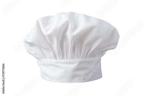 A white chefs hat is placed highlighting its pristine color and simple design. on a White or Clear Surface PNG Transparent Background.