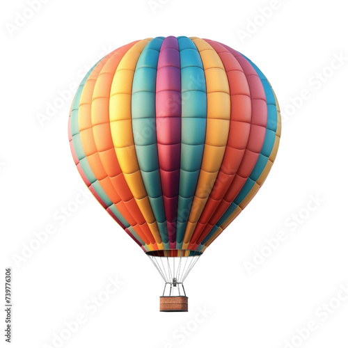 A vibrant, multicolored hot air balloon with a woven basket, floating serenely.