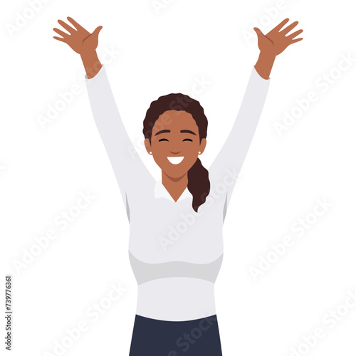 Winning gesture of happy confident woman expressing positive emotion. Successful smiling female character showing strength with fists up