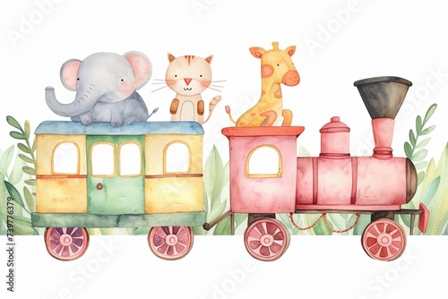 Ein Zug mit süßen Tieren, Wasserfarben Kunst  photo