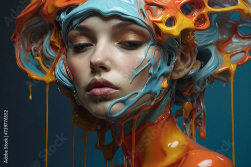 Close up of a model of a woman with colorful paint smears covering her body