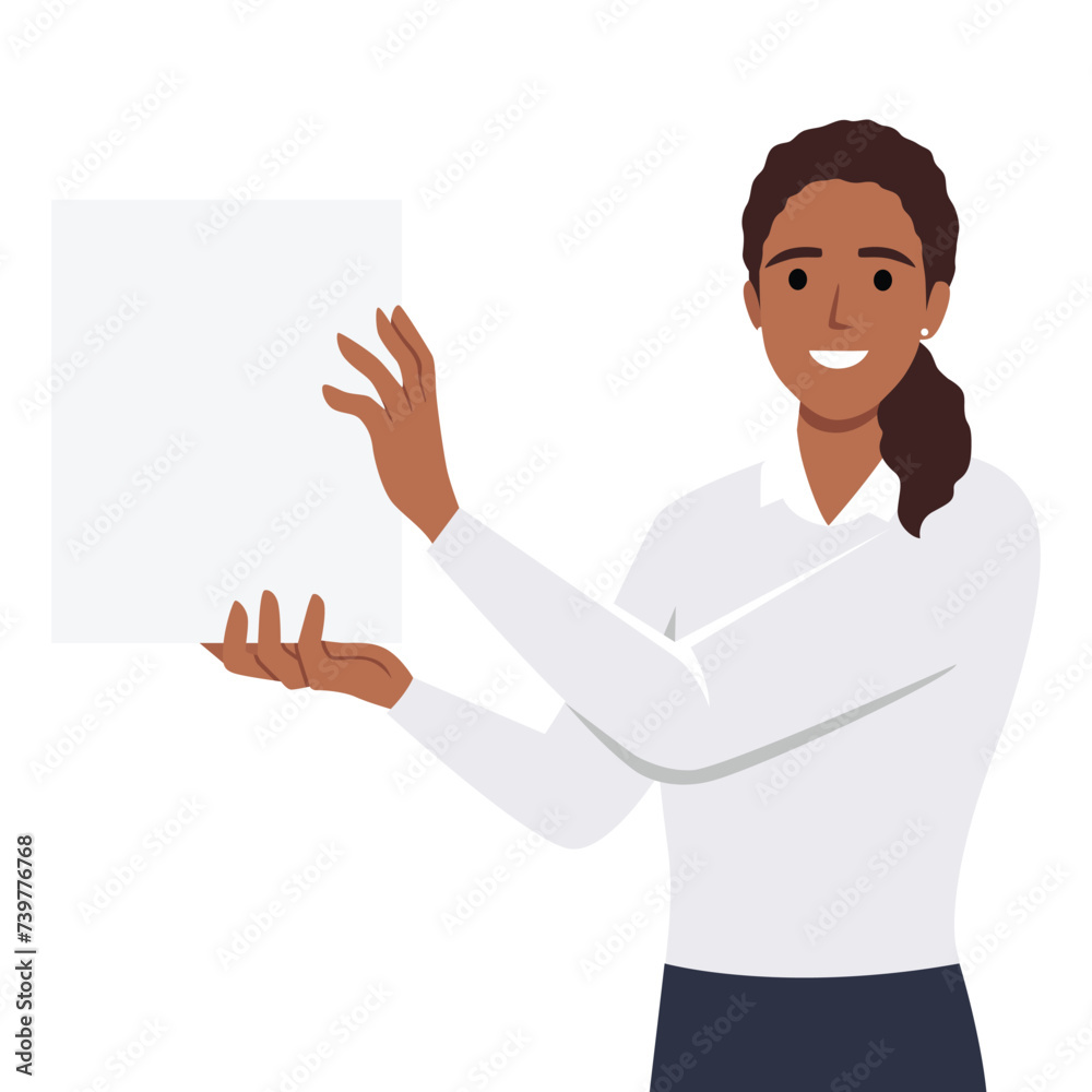 Smiling businesswoman showing folder with white mockup paper. Happy woman employee demonstrate paperwork completed task at workplace Smiling businesswoman showing folder with white mockup paper. Happy woman employee demonstrate paperwork completed task at workplace