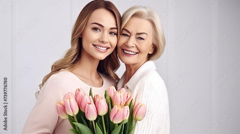 A young mother and an adult Granddaughter with tulips, copies of space, Women's Day, March 8. A young mother and an adult Granddaughter with tulips, copies of space, Women's Day, March 8.