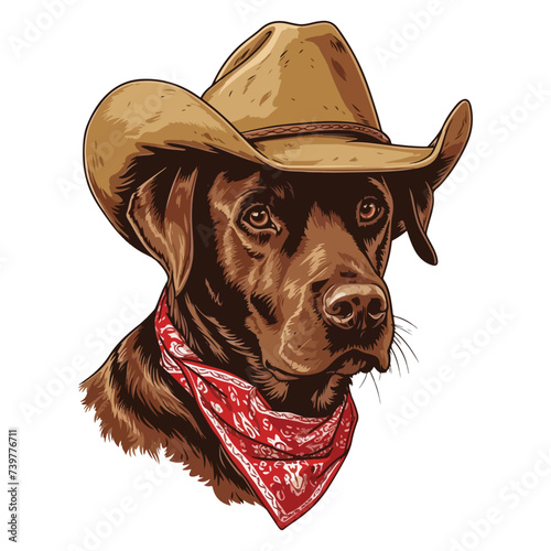 labrador retriever dog Head wearing cowboy hat and bandana around neck