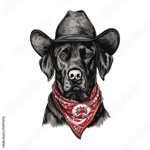 labrador retriever dog Head wearing cowboy hat and bandana around neck