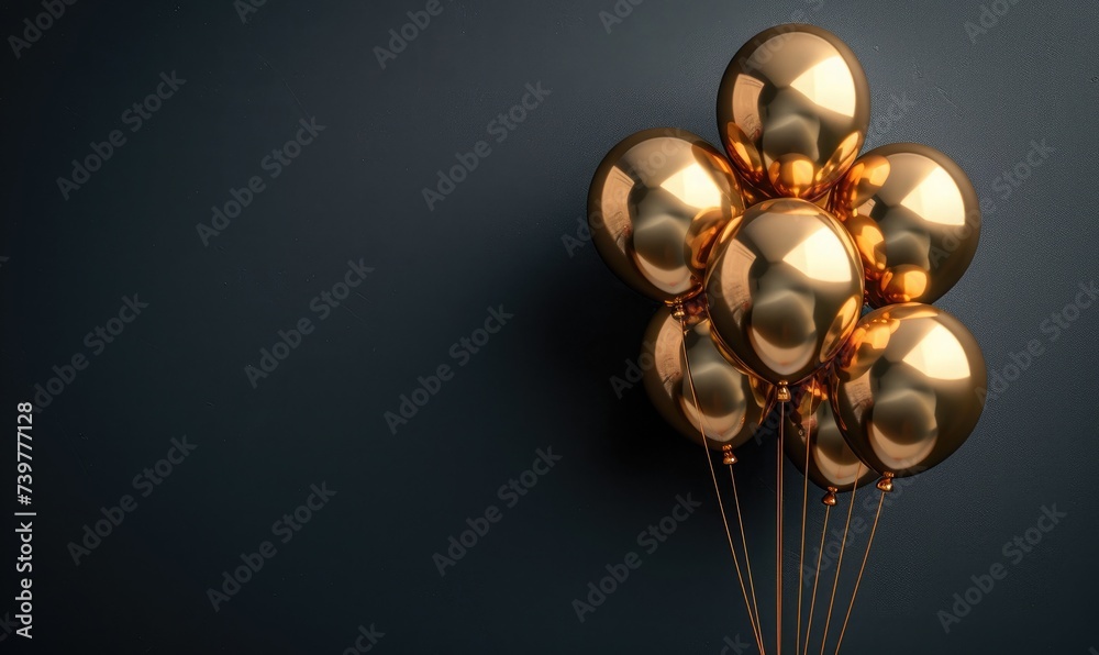 gold balloons on black background, with empty space, gold balloons on black background, with empty space,