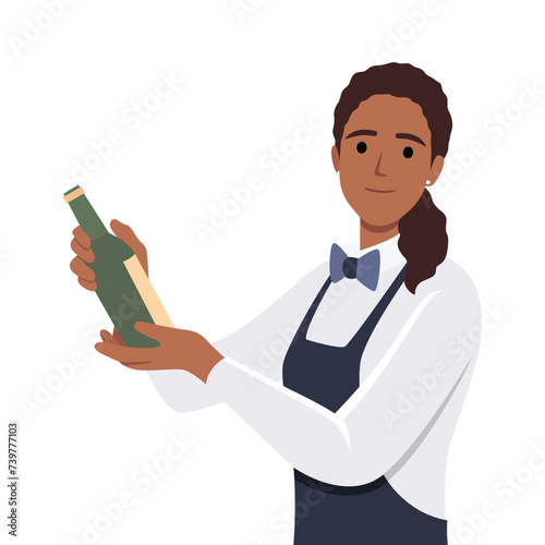 Sommelier holding glass bottle of old wine. Alcohol expert, woman bartender with elite luxury alcoholic drink in hand. Professional winemaker