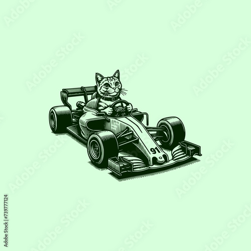 cat riding racer formula one car in retro vintage art style vector illustration