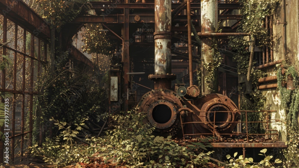 Rustic Industrial Decay - The relics of industry lie overtaken by nature, as rust and foliage blend into a poignant reminder of the past meeting the present.