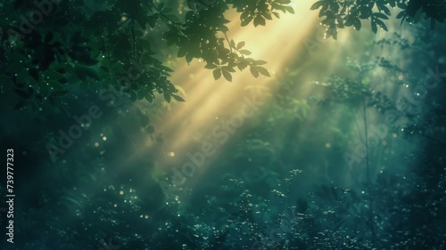 Sunlight Through Misty Forest - A hazy dawn breaks in a lush forest with rays of sunlight piercing the mist, creating a stunning interplay of light and shadow. © Mickey