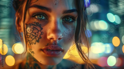 Enigmatic Woman with Tattoos - The portrait of a mysterious woman, her face adorned with captivating tattoos against a city nightscape.