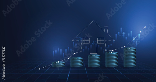 Real estate concept. Blue stack of coins and house icon graph, up arrow on dark blue background. Analyzing market sales for home property investments and economic growth.