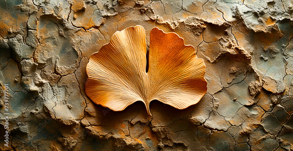 Single Ginkgo Biloba Leaf on Cracked Earth Texture
