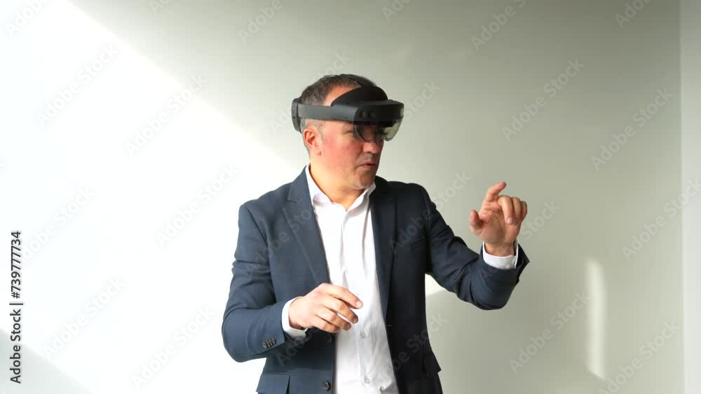 Caucasian mature businessman using mixed reality goggles in the office Caucasian mature businessman using mixed reality goggles in the office