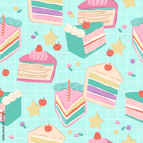Happy birthday cake slices seamless pattern vector illustration for decorations and background