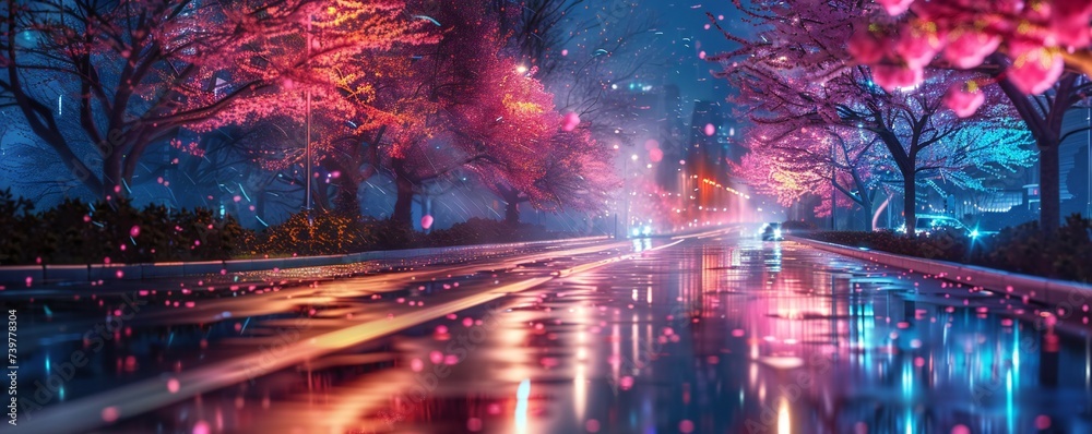 Heavenly night city in the spring with blooming trees and reflections on the road Generative Ai