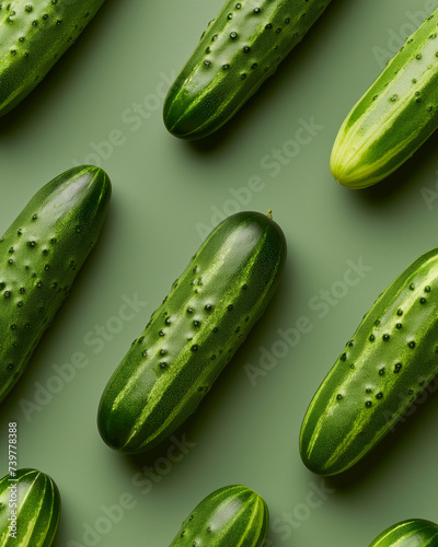 Cucumbers on a green background, in the style of playful repetitions. Commercial inspired. Minimal food concept. Flat lay