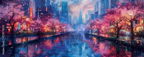 Heavenly night city in the spring with blooming trees and reflections on the road Generative Ai © LayerAce.com