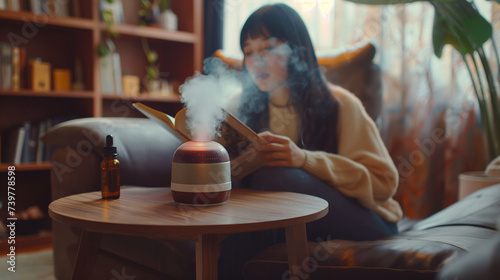 Humidifier and essential oil on a table with young woman lying on couch reading book.