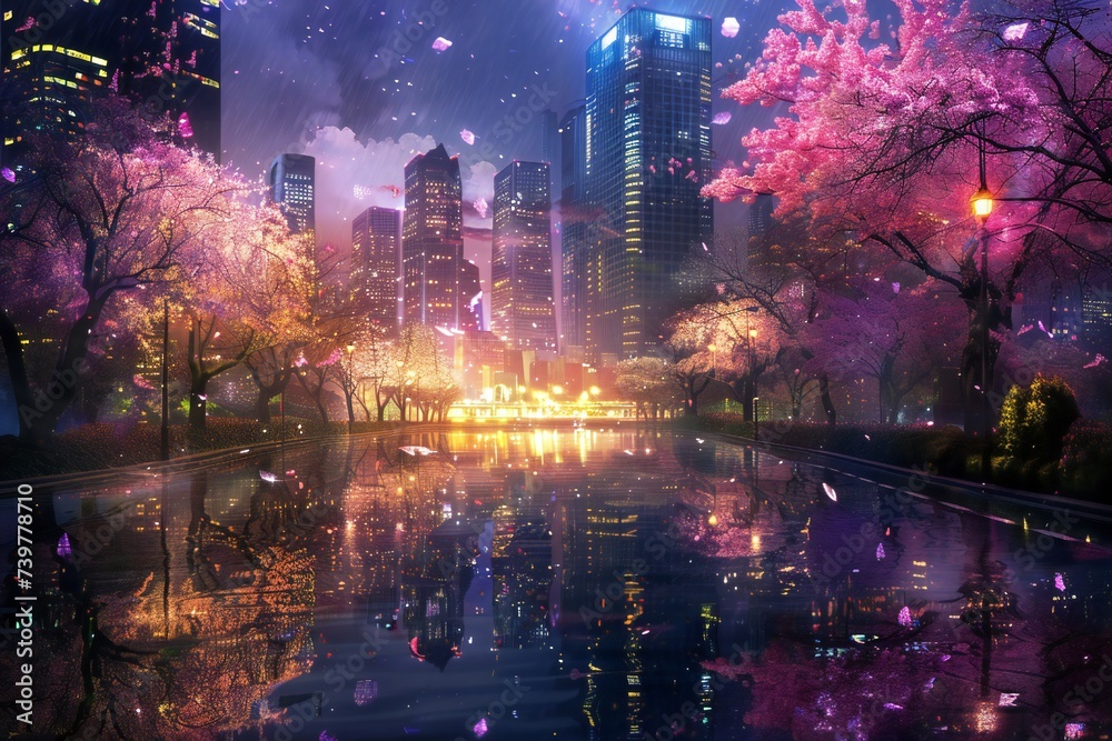 Heavenly night city in the spring with blooming trees and reflections on the road Generative Ai