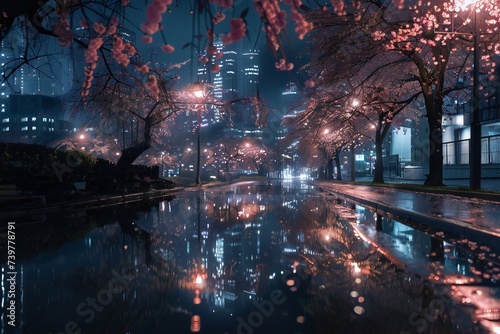 Heavenly night city in the spring with blooming trees and reflections on the road Generative Ai © LayerAce.com