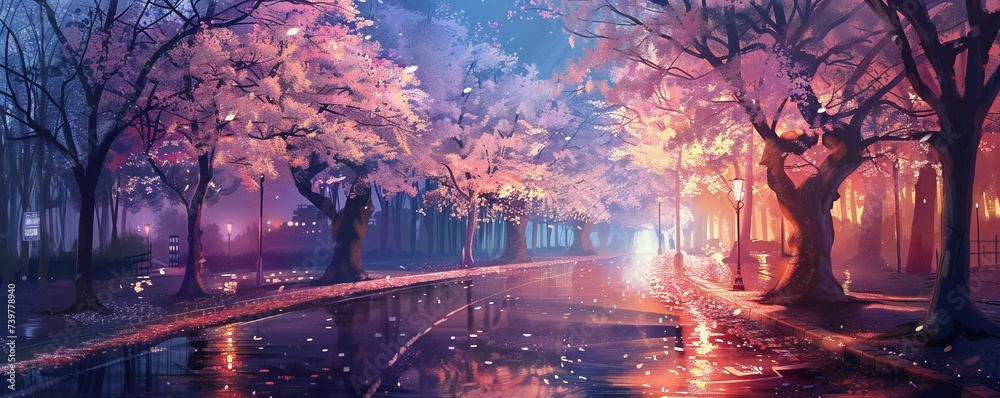 Heavenly night city in the spring with blooming trees and reflections on the road Generative Ai