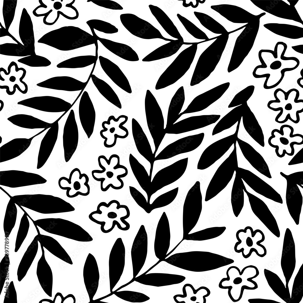 Simple floral black and white vector seamless pattern. Silhouette of flowers, branches and leaves. For fabric prints, textiles, packaging, stationery. Simple floral black and white vector seamless pattern. Silhouette of flowers, branches and leaves. For fabric prints, textiles, packaging, stationery.