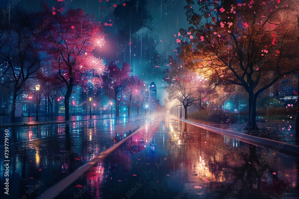 Fototapeta premium Heavenly night city in the spring with blooming trees and reflections on the road Generative Ai