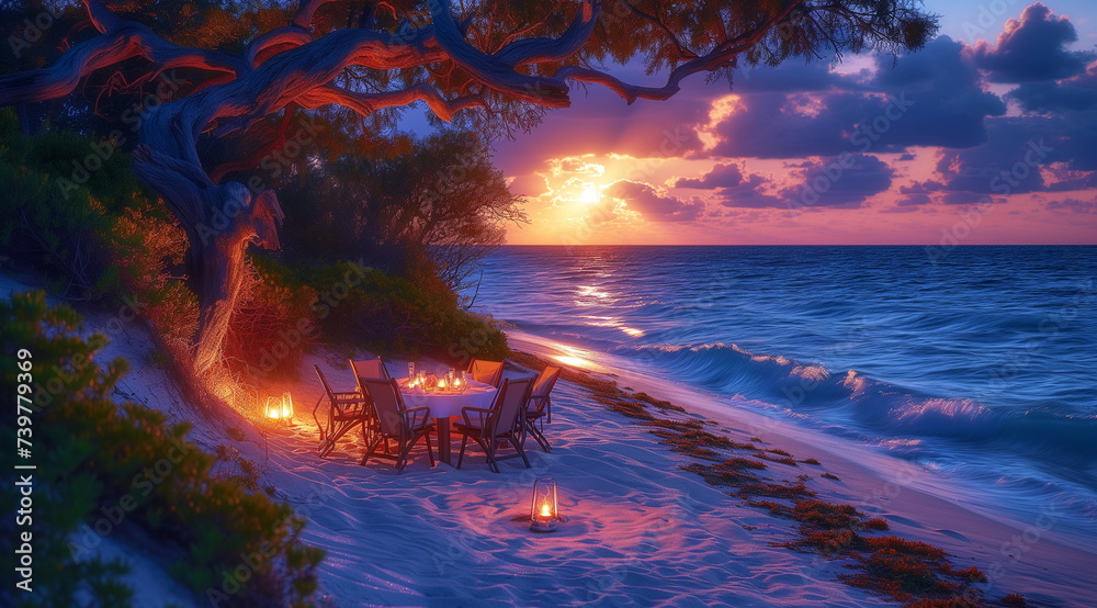 Romantic beach dining setup at sunset with candles, chairs, and a rustic wooden table.