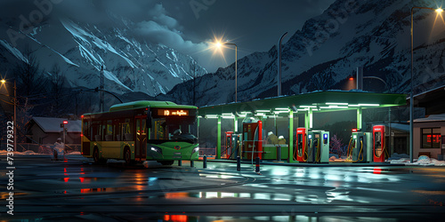 Deep night bus depot with buses and figures in motion,a stormy night, with lightning illuminating the empty bus stop and rain falling in torrents, photo