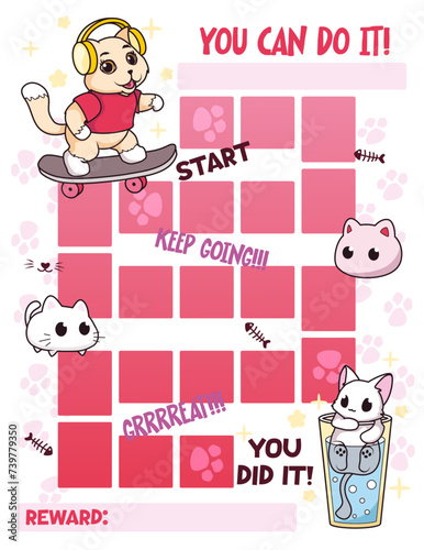 Reward chart for girls. Kitty. Behavior and work schedule for children. Vector illustration