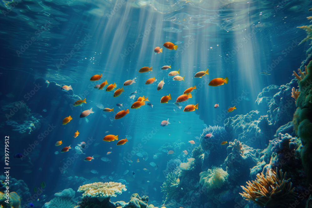 Naklejka premium Underwater life. A slide Background showcasing the beauty and uniqueness of life. Nature and biodiversity. Background image. Created with Generative AI technology