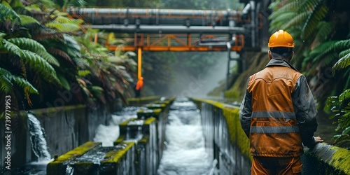 Inspecting hydro plant workers in gear amid lush foliage and flowing water. Concept Hydro Power Plant, Workers in Gear, Lush Foliage, Flowing Water, Inspection