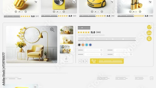 Online marketplace website animation. E-commerce and yellow shopping products. Marketing, commerce and for sales product homepage.