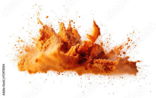 A vibrant image featuring a white background with splashes of orange and red powder creating a vivid and dynamic display. on a White or Clear Surface PNG Transparent Background.